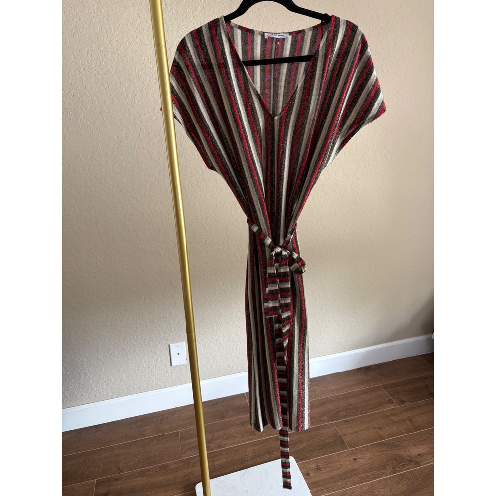 Zara Trafaluc Metallic Stripe V-Neck Knit Midi Dress M Holiday Glam Party